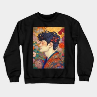 Asian Art Nouveau Man with Flowers Crewneck Sweatshirt